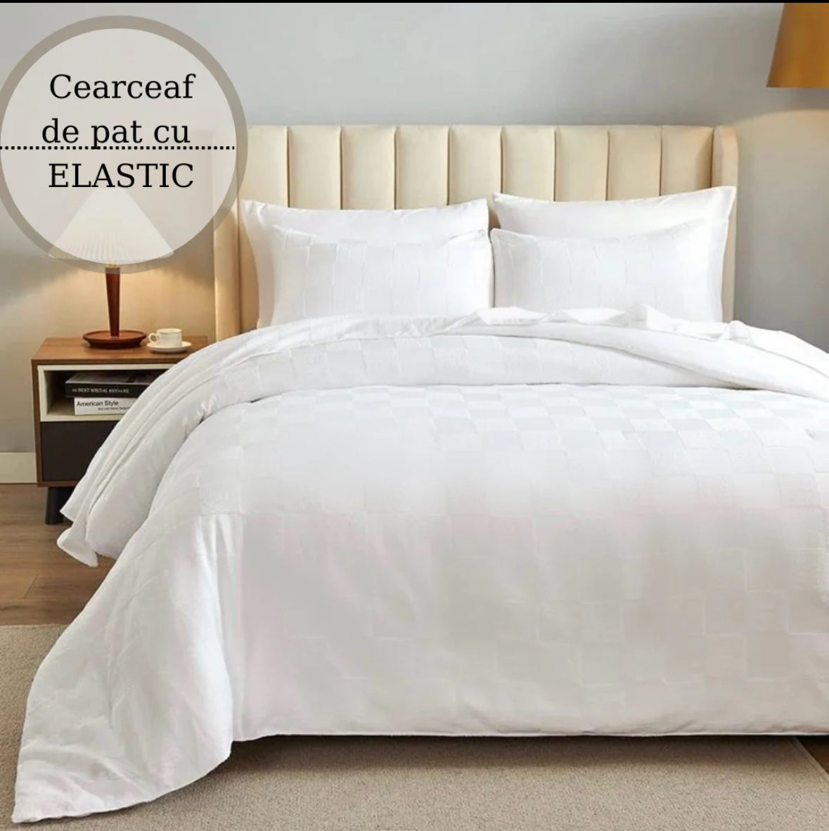 Lenjerie pat dublu,180/200,Damasc Finetat DeLuxe,cu ELASTIC,6 piese