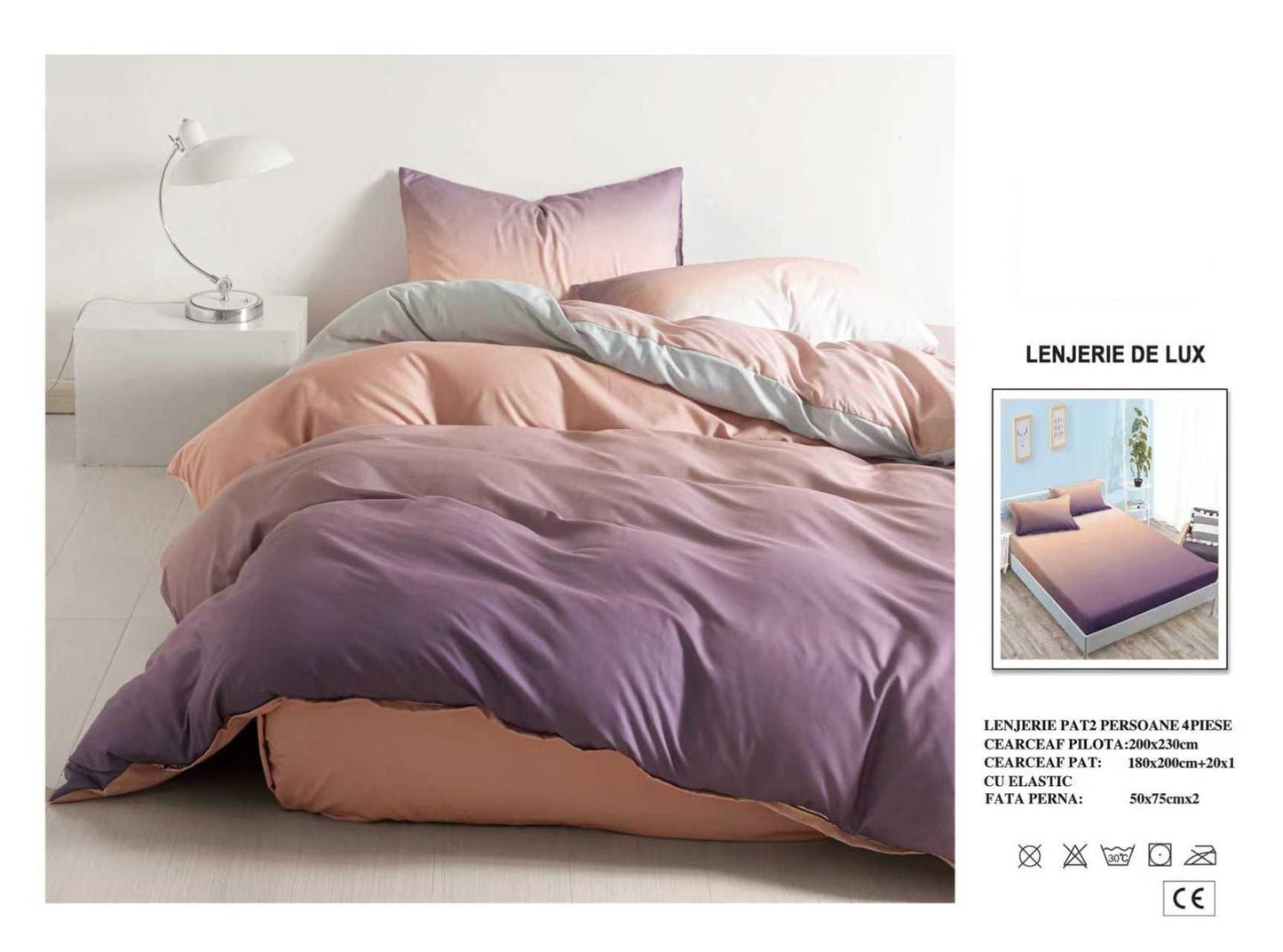 Lenjerie Luxury din Satin, 4 piese, cearșaf cu elastic