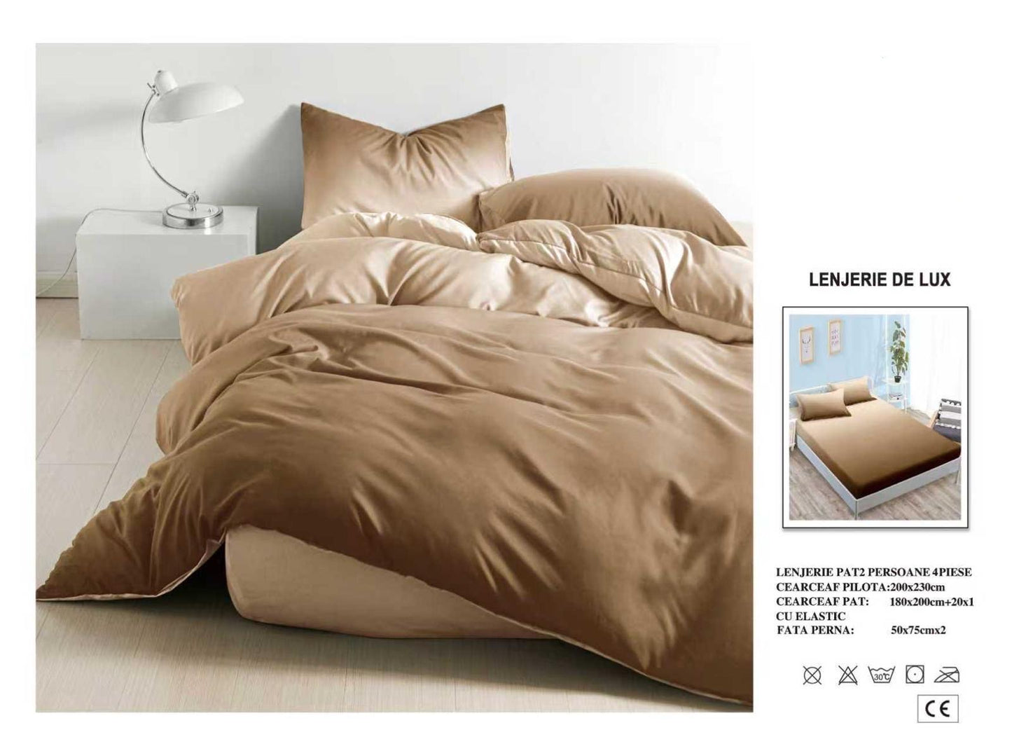 Lenjerie Luxury din Satin, 4 piese, cearșaf cu elastic