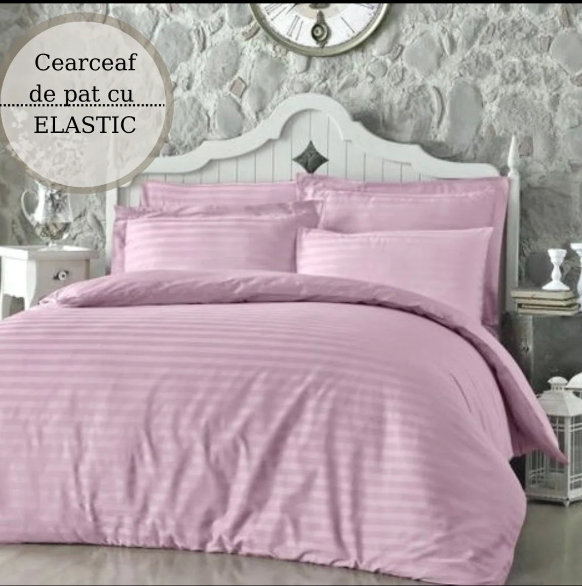 Lenjerie pat dublu,Damasc Satinat DeLuxe,cu ELASTIC,6 piese