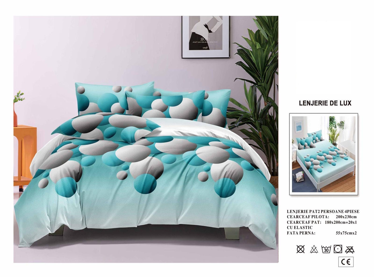 Lenjerie Luxury din Satin, 4 piese, cearșaf cu elastic