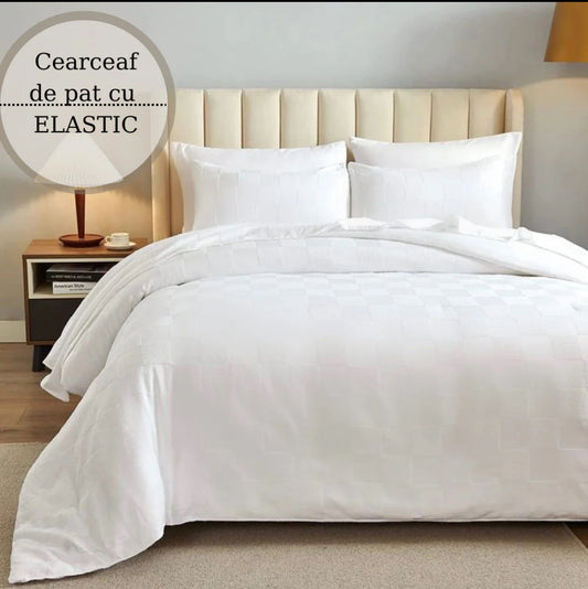 Lenjerie pat dublu,180/200,Damasc Finetat DeLuxe,cu ELASTIC,6 piese