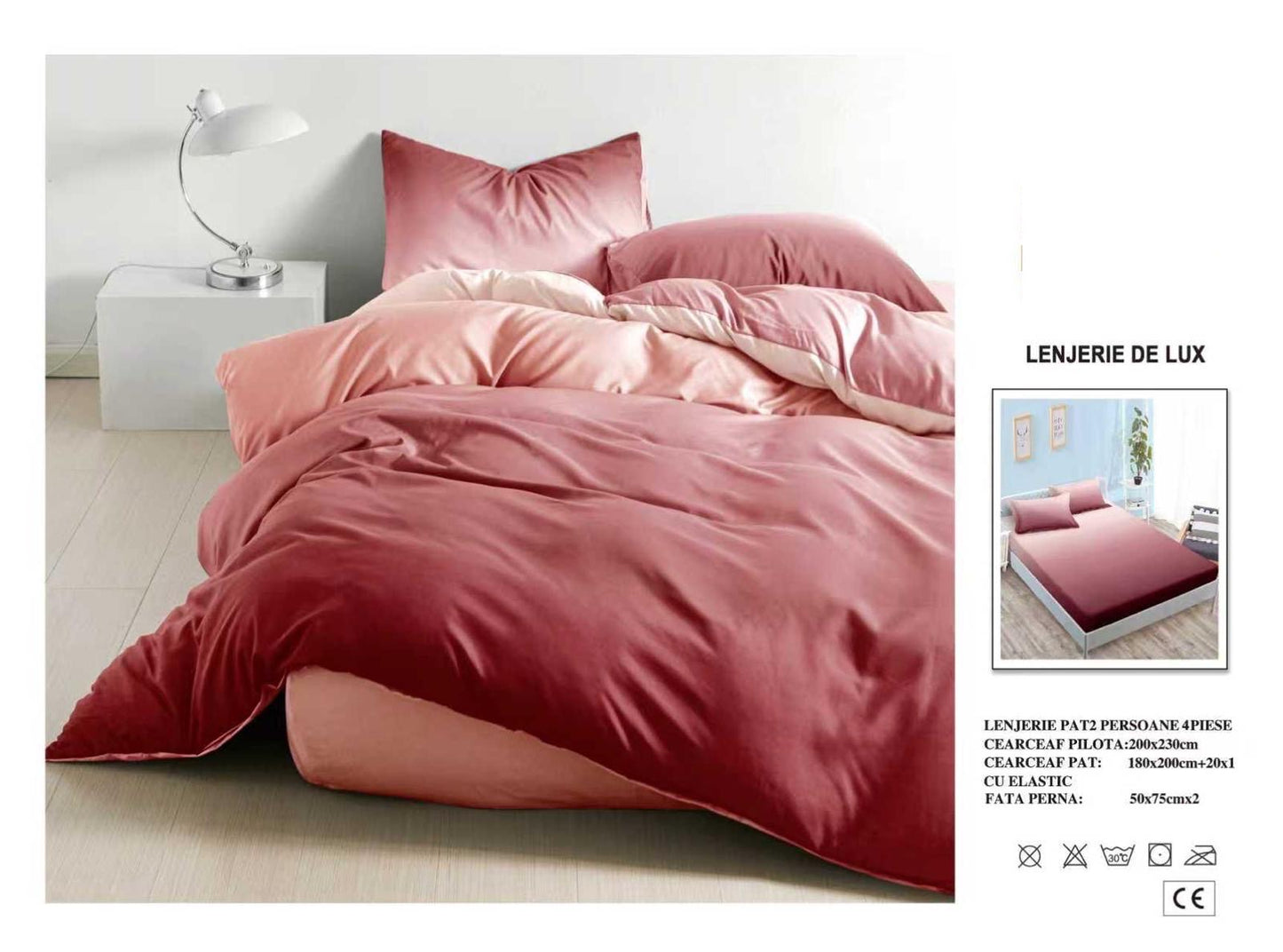 Lenjerie Luxury din Satin, 4 piese, cearșaf cu elastic