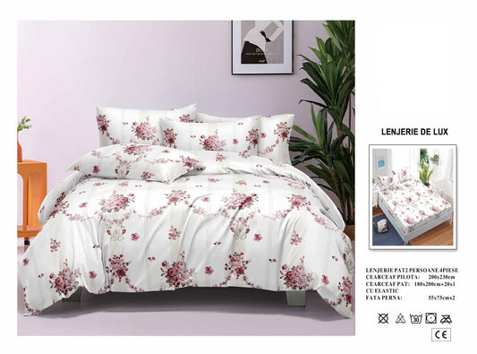 Lenjerie Luxury din Satin, 4 piese, cearșaf cu elastic