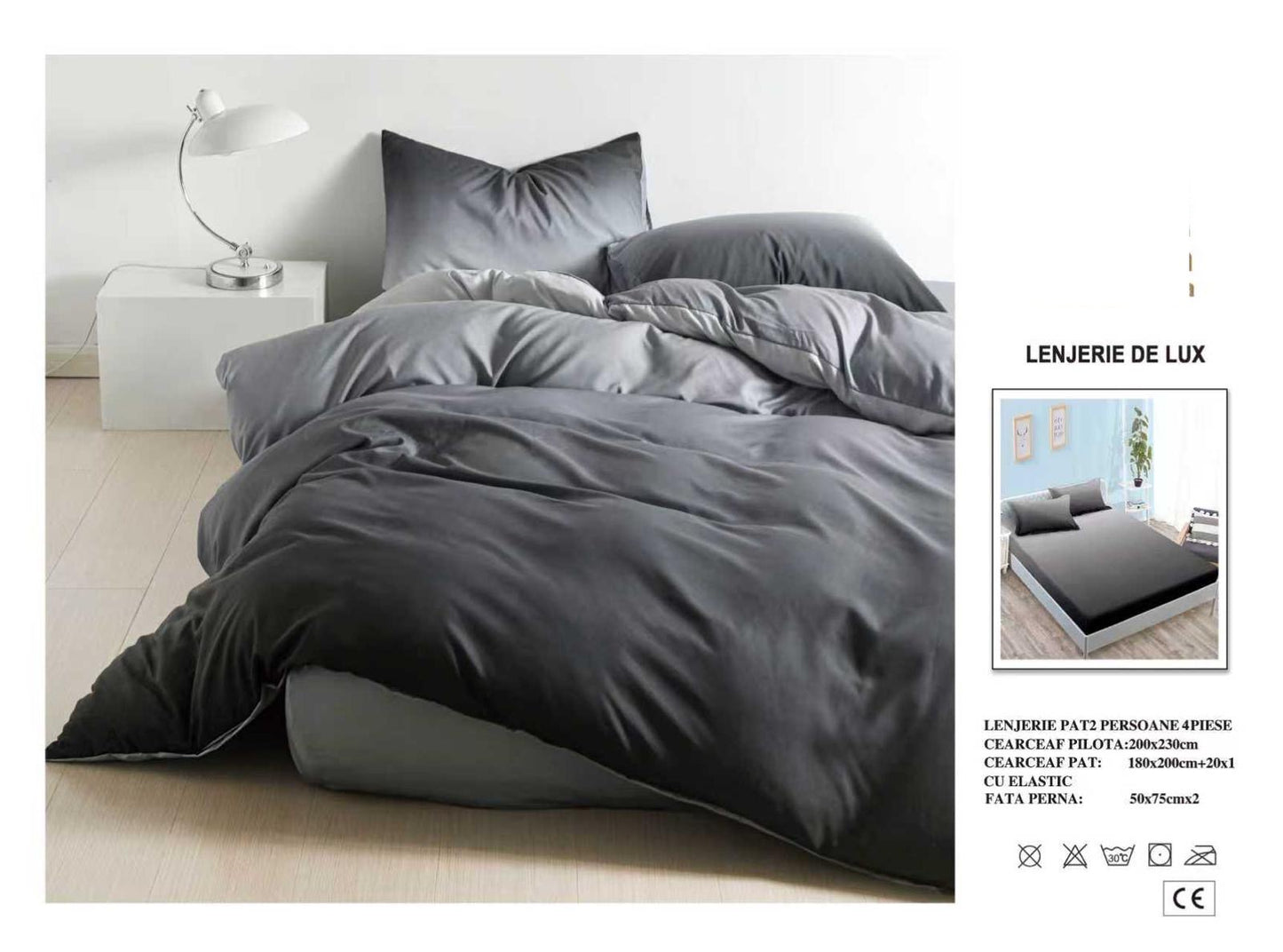 Lenjerie Luxury din Satin, 4 piese, cearșaf cu elastic