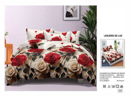 Lenjerie Luxury din Satin, 4 piese, cearșaf cu elastic