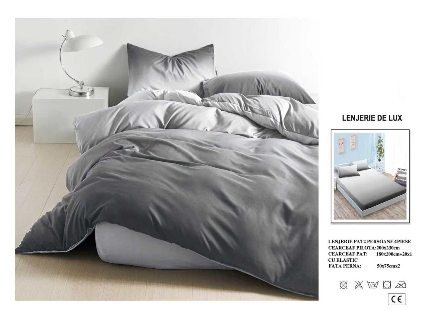 Lenjerie Luxury din Satin, 4 piese, cearșaf cu elastic