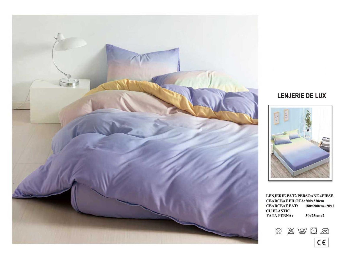 Lenjerie Luxury din Satin, 4 piese, cearșaf cu elastic
