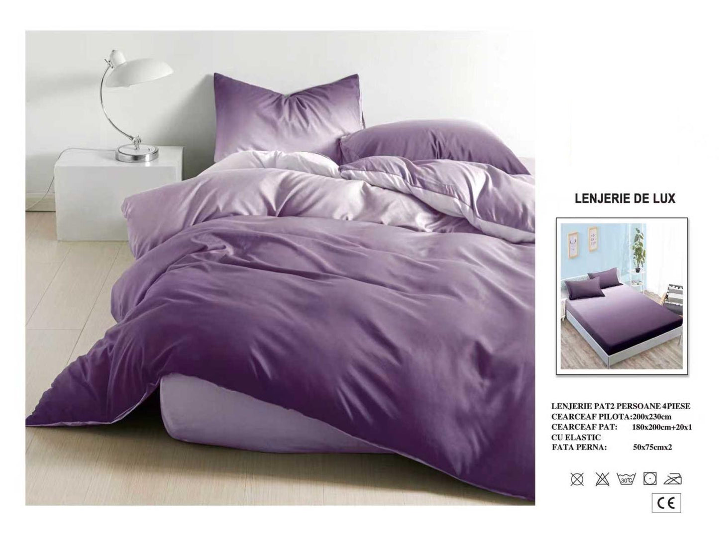 Lenjerie Luxury din Satin, 4 piese, cearșaf cu elastic