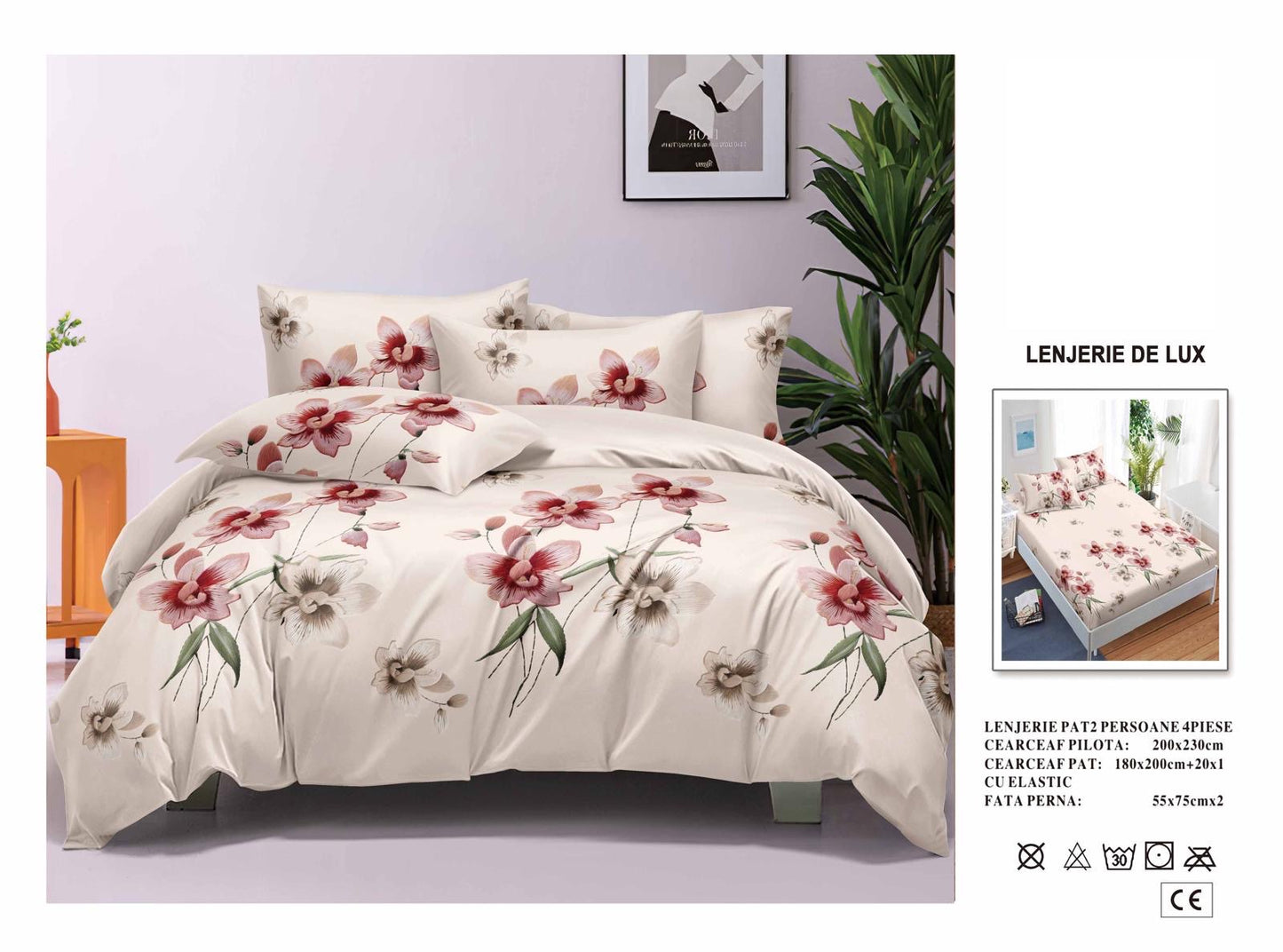 Lenjerie Luxury din Satin, 4 piese, cearșaf cu elastic