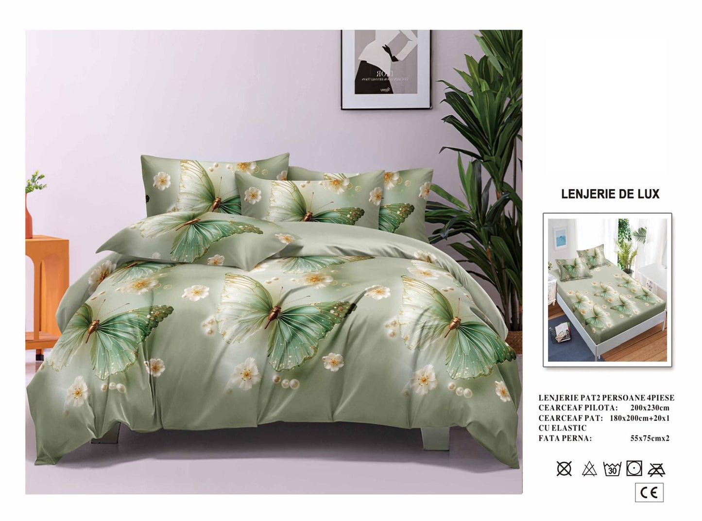 Lenjerie Luxury din Satin, 4 piese, cearșaf cu elastic