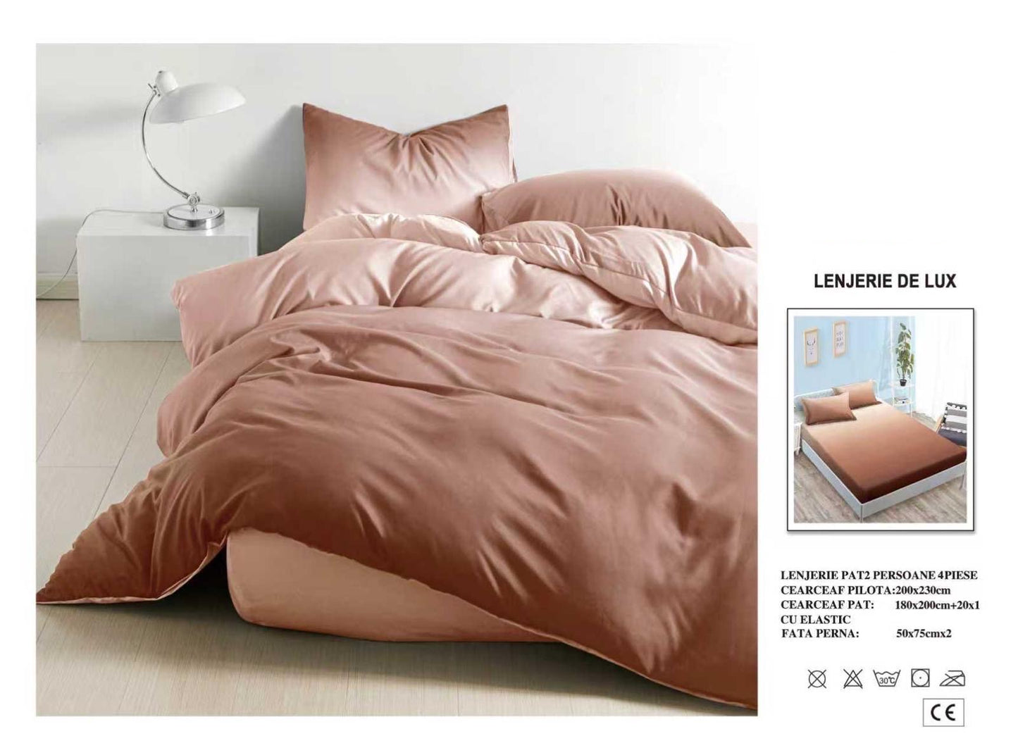 Lenjerie Luxury din Satin, 4 piese, cearșaf cu elastic