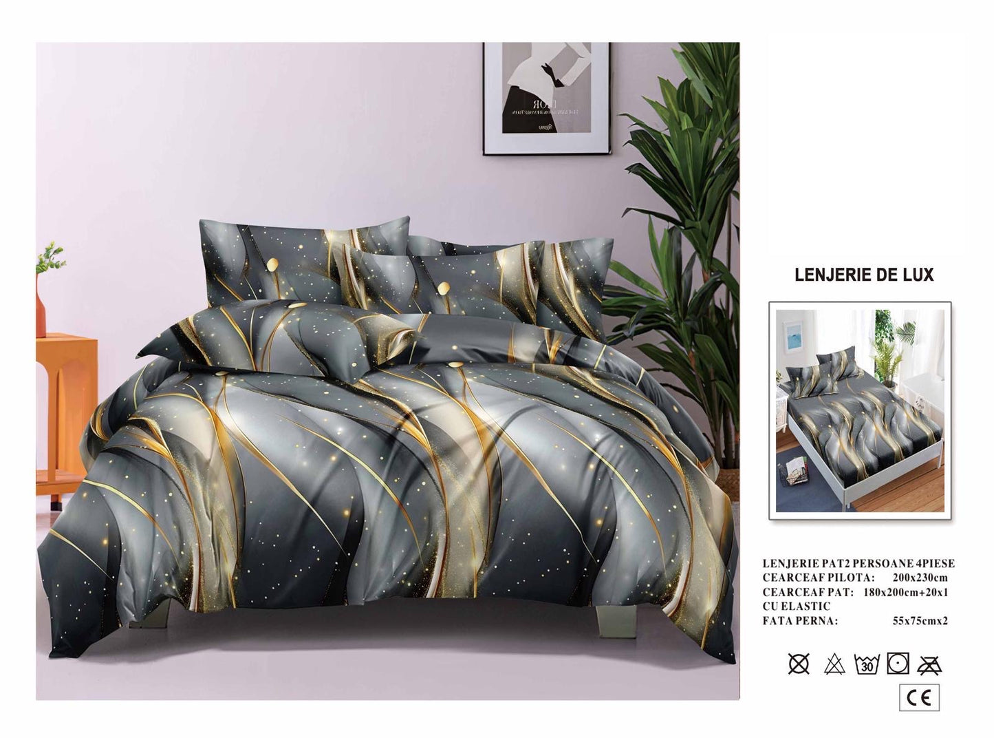 Lenjerie Luxury din Satin, 4 piese, cearșaf cu elastic