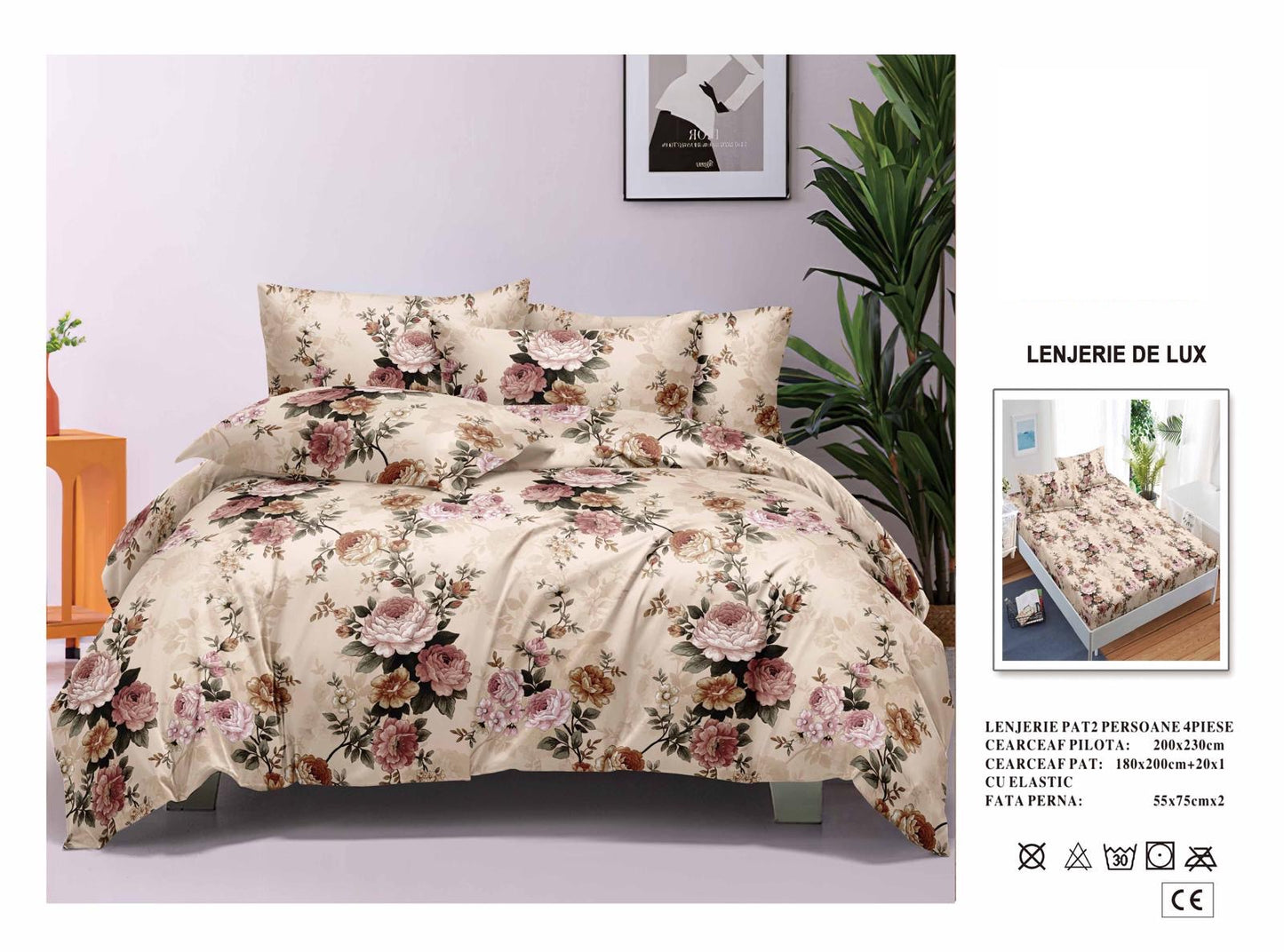 Lenjerie Luxury din Satin, 4 piese, cearșaf cu elastic
