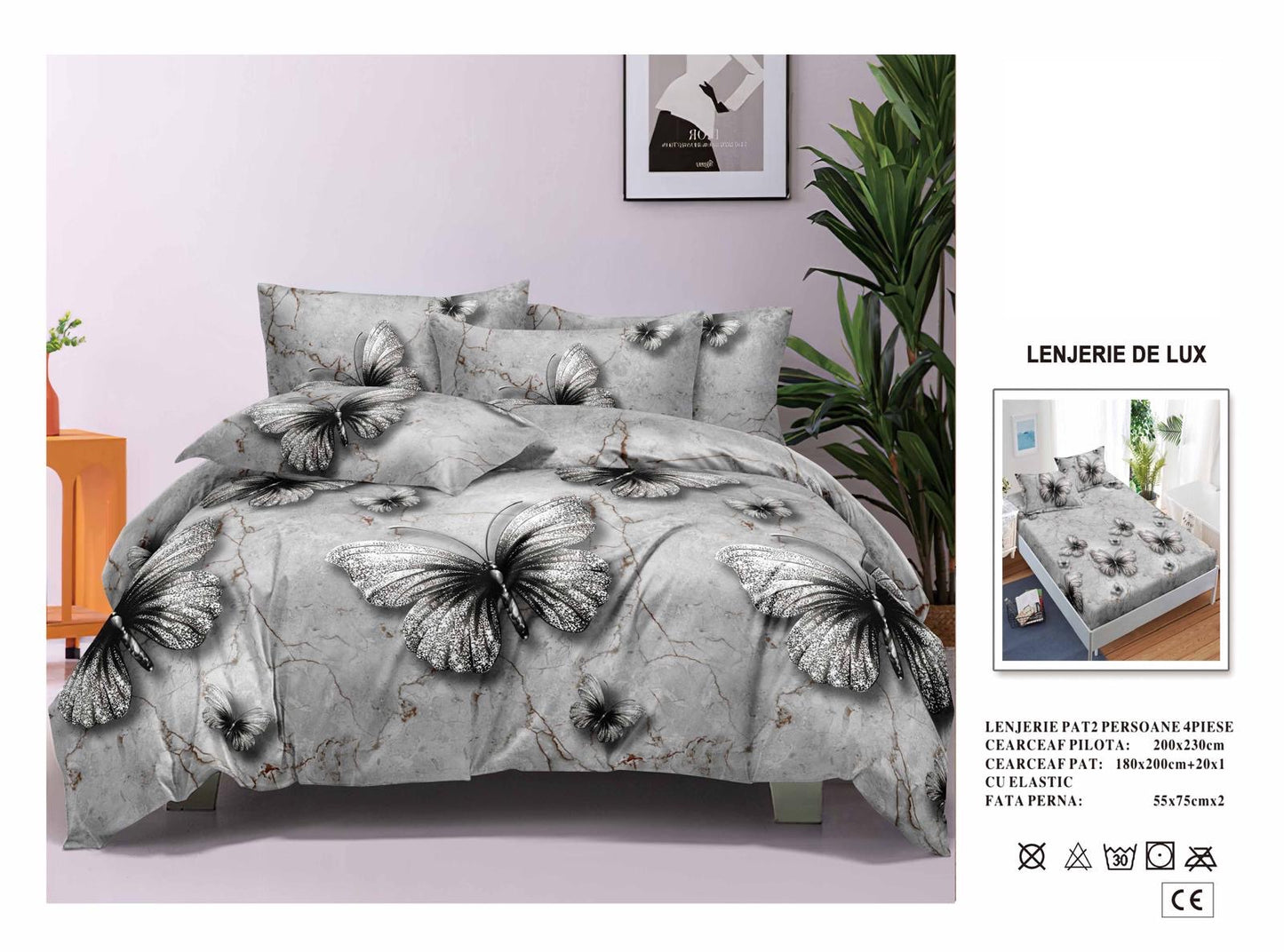 Lenjerie Luxury din Satin, 4 piese, cearșaf cu elastic