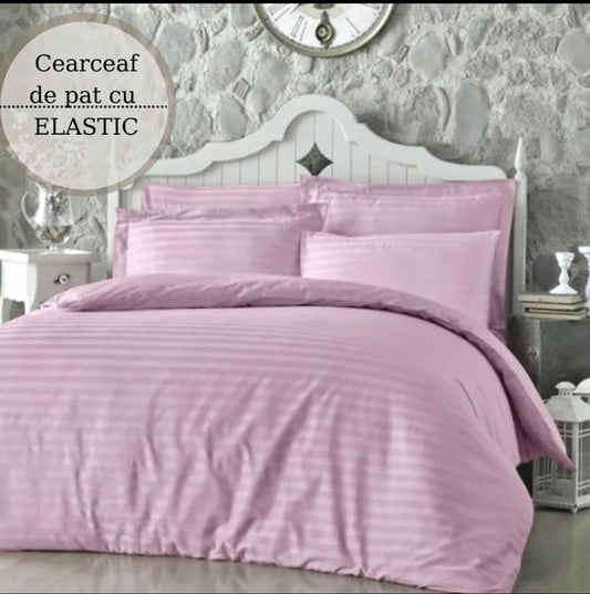 Lenjerie pat dublu,Damasc Satinat DeLuxe,cu ELASTIC,6 piese